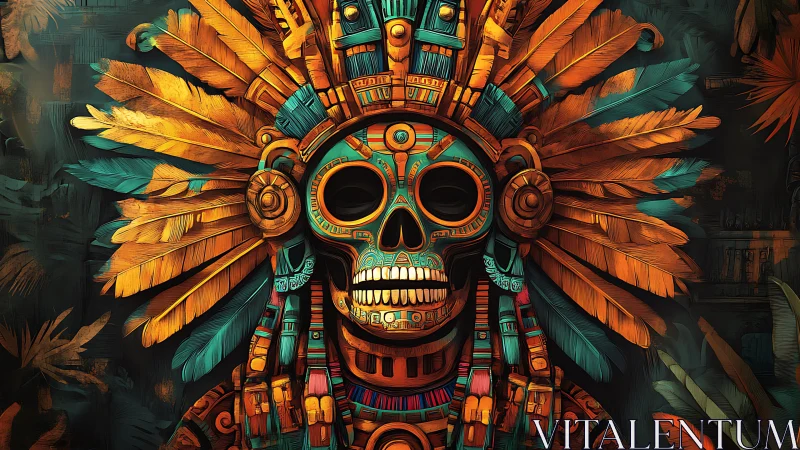 Vibrant Aztec skull warrior glows amid rich jungle shadows