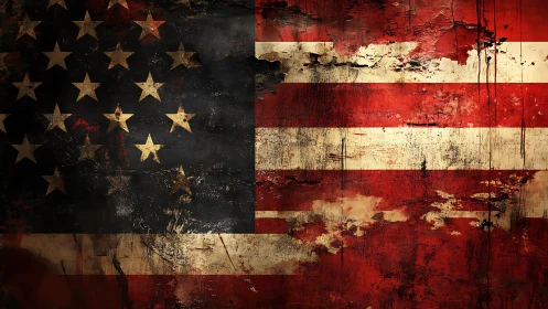 Distressed American flag image shows peeling paint and decay