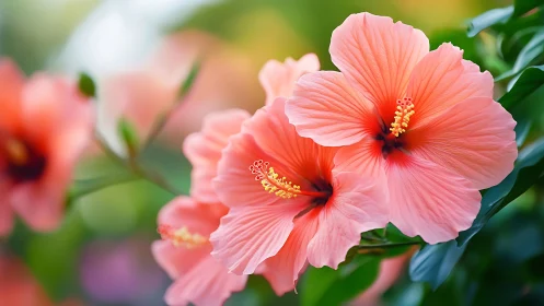 Pink hibiscus flowers with yellow stamens in natural garden setting