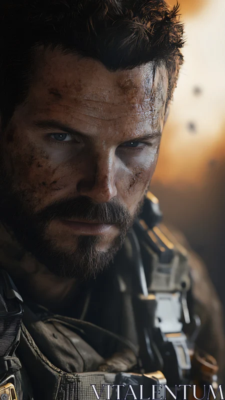 Battle-hardened futuristic soldier stares through chaos.