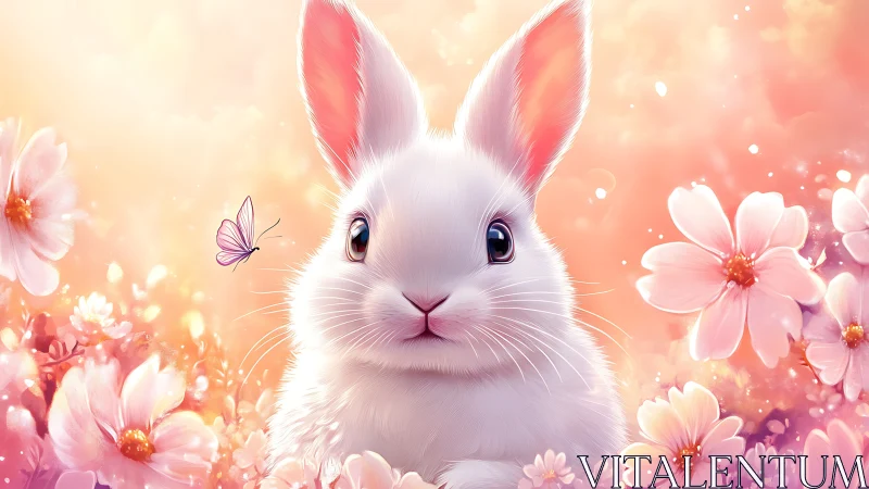 White bunny meets butterfly in dreamy pink blossom garden.