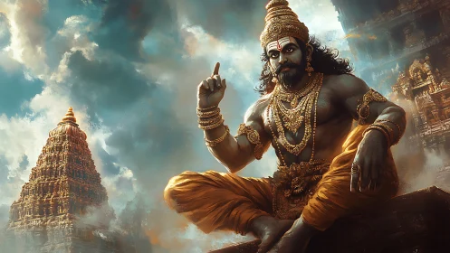 Digital painting of divine guardian seated before temple complex.