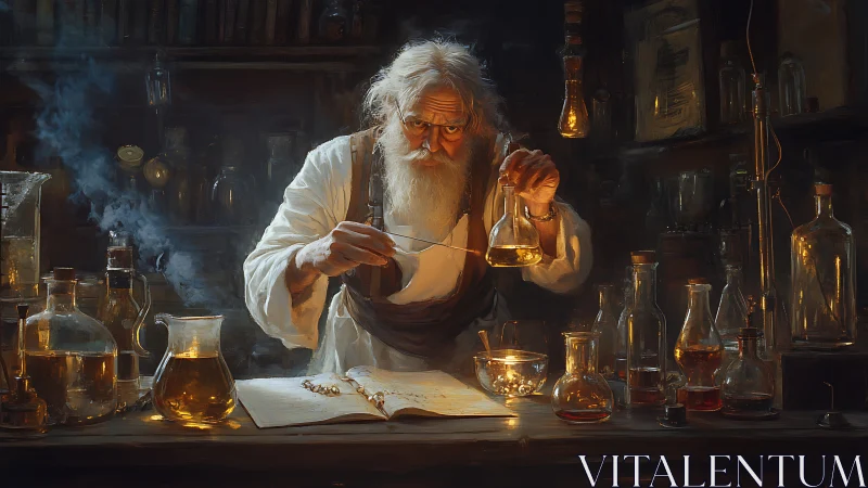 Elder alchemist conducting luminant flask titration at bench.