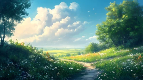 Luminous pastoral path with wildflower meadow and cumulus sky.