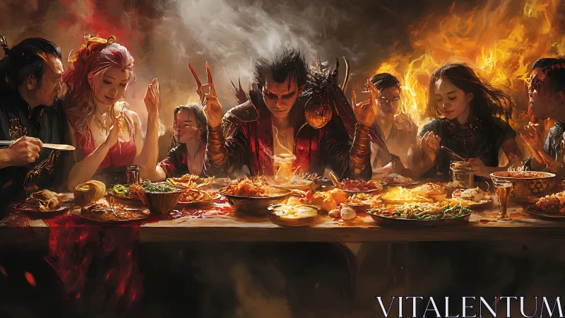 Demonic feast unfolds in fiery hall of temptation and excess