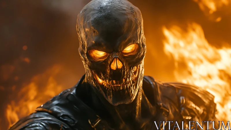 Flaming skull warrior in molten armor against firestorm.