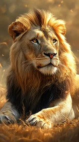 Golden-hour lion resting softly in shimmering savanna light.