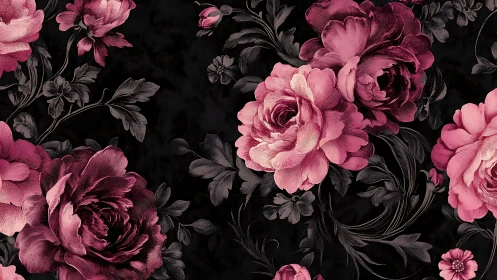 Ornate Pink Peonies Against Black Background.