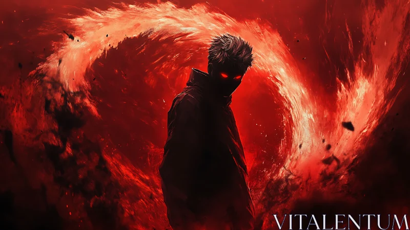 Crimson vortex engulfs dark anime figure with glowing eyes.