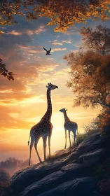 Two giraffes on rocky hill watching vivid sunset sky.