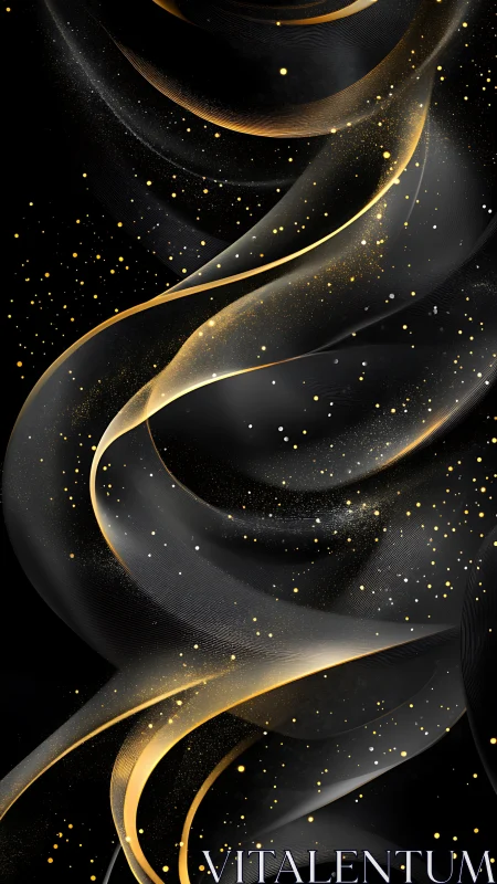 Black background with gold abstract ribbons and particles.