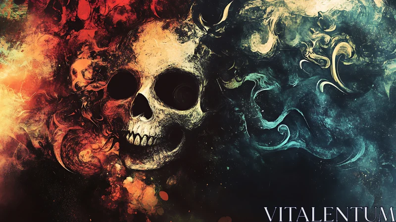 Skull emerging through fiery and teal cosmic smoke swirl.