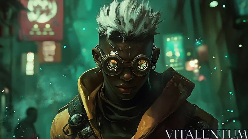 Cyberpunk street operative with neon bokeh depth of field.