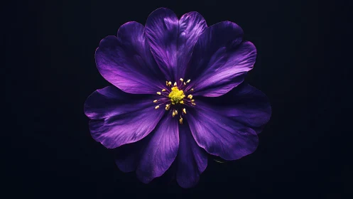 Purple Cosmos Flower with Yellow Stamens Against Dark Background.