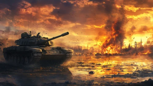 Main battle tank in burning industrial warzone at dusk.