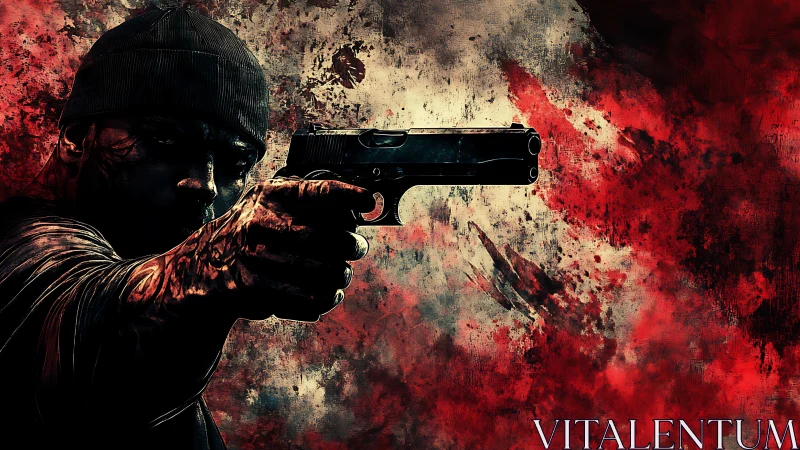 Gunman extends pistol toward viewer against violent crimson haze