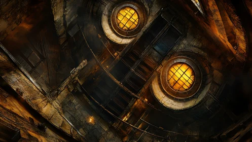Industrial oculus shaft interior with warm radial lighting design.