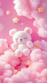 Digital plush bear model positioned among stylized pink clouds