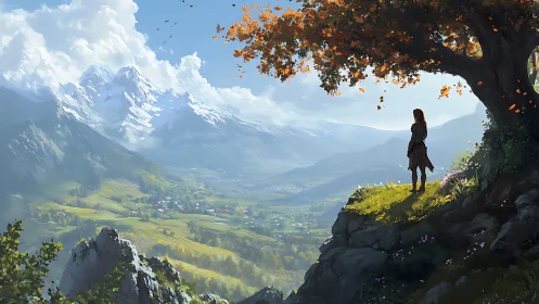 Solitary figure surveys sunlit valley beneath autumn tree