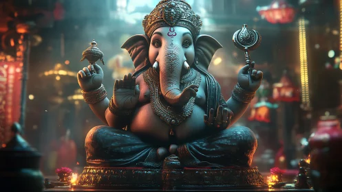 Radiant Ganesha idol glows in a richly lit temple interior