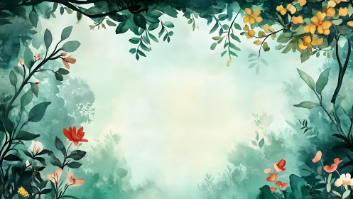 A Serene Garden Frame with Blooming Florals and Lush Foliage