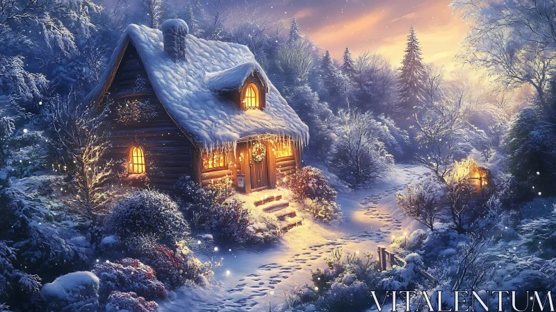 Snow-laden woodland cabin glows under warm dusk illumination