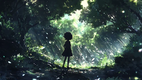 Backlit silhouette child in volumetric forest light scattering