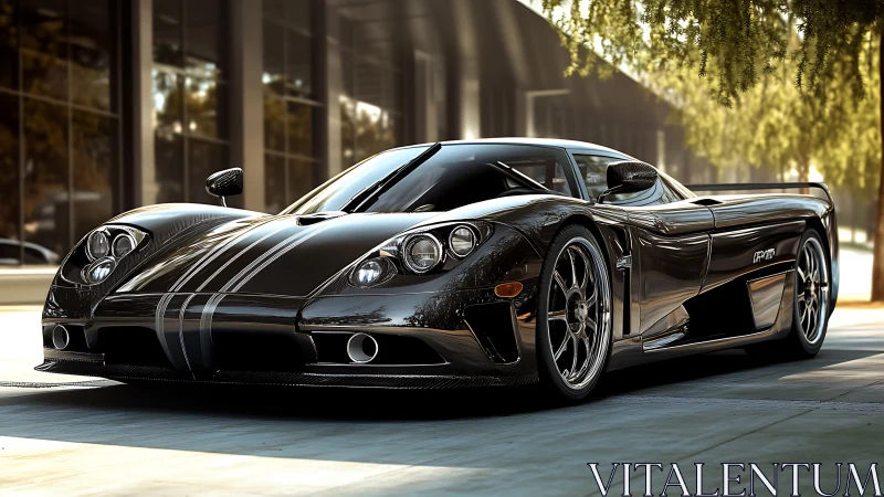 Sleek black hypercar under dappled sunlight on city street.