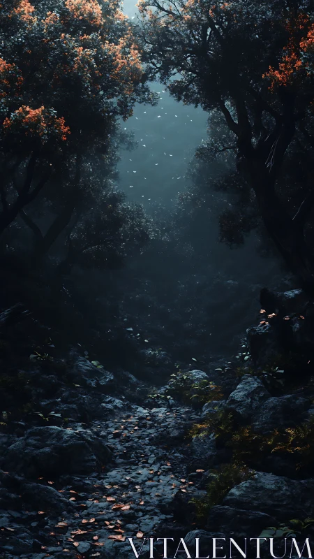 Forest Canopy Archway: Luminescent Autumn Foliage Converging Perspective.