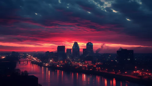 Crimson sunrise over a quiet riverside skyline.