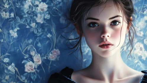 Digital portrait of young woman against blue floral backdrop