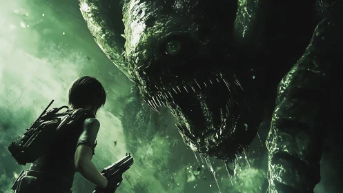 Soldier confronts colossal dripping monster in toxic light