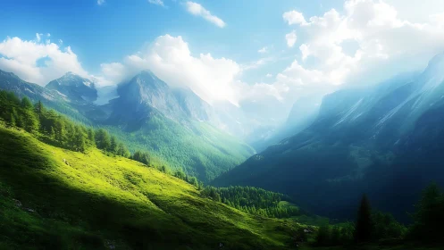 Sunlit valley drifts between glacier peaks and whispering pines