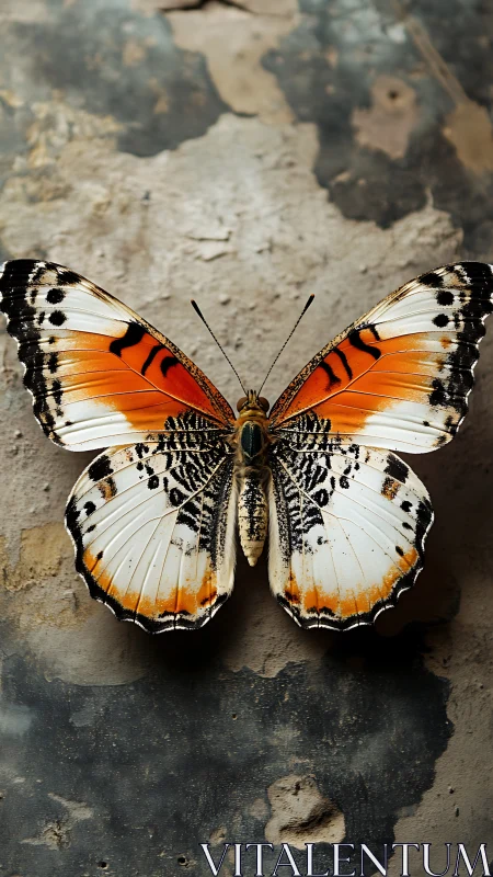Butterfly with orange white wings on rough stone surface.