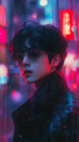 Neon‑drenched wanderer in rainlit cyber city glow.