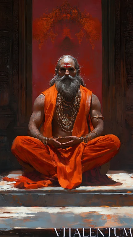Meditating holy man in orange robes before red temple wall.