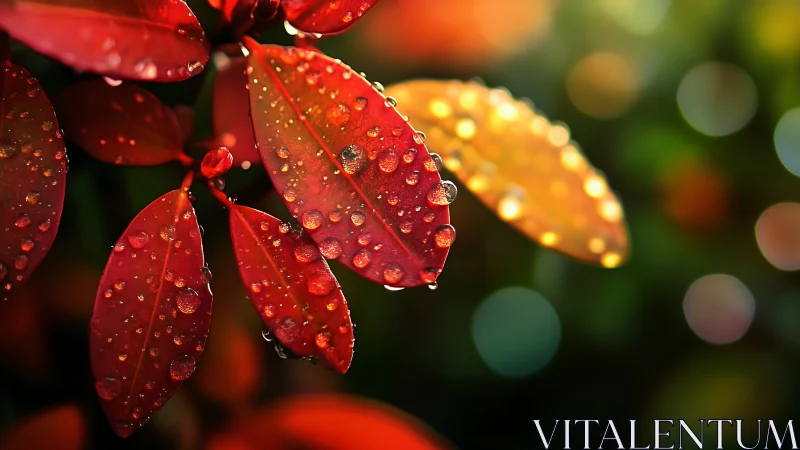 Macro capture isolates red rain-soaked leaves with bokeh highlights
