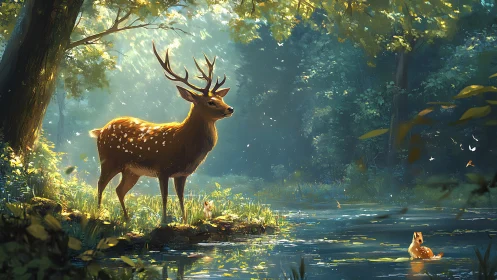 Sunlit stag pauses beside forest pond in luminous digital painting