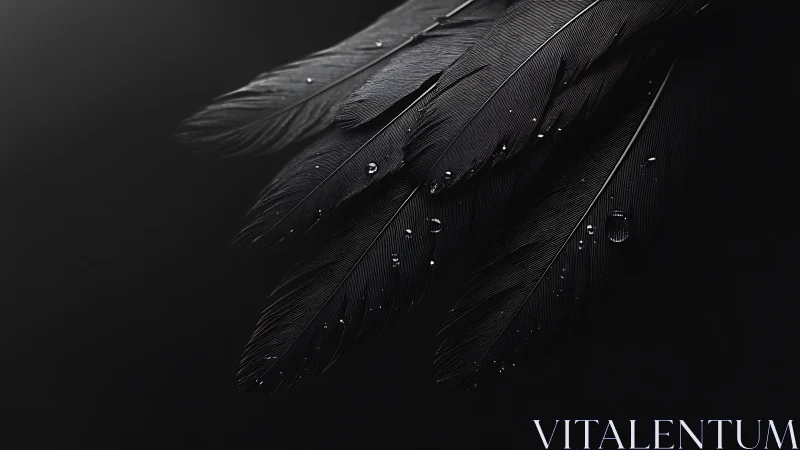 Dark plume macro study with dewdrops on black background.