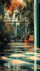 Sunlit tropical atrium with reflective geometric tiled flooring