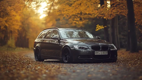 Lowered BMW touring wagon parked on leaf-covered forest road in autumn