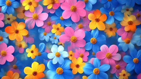 Vibrant Multi-Colored Cosmos Flowers in Digital Bloom.