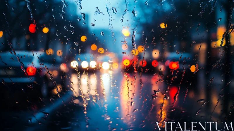 Rain streaked windshield over neon city traffic at dusk.