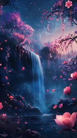 Enchanted night waterfall in glowing pink blossom forest.
