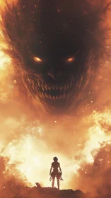 Warrior confronts colossal fiery demon face in inferno