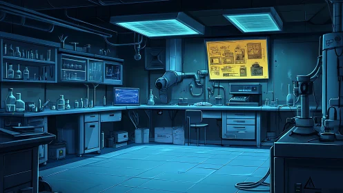 Neon-lit secret laboratory hums with midnight experiment energy.