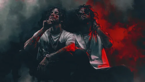 Two tattooed men sit in moody red smoke filled darkness