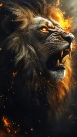Roaring fiery lion head with glowing embers and molten eyes.