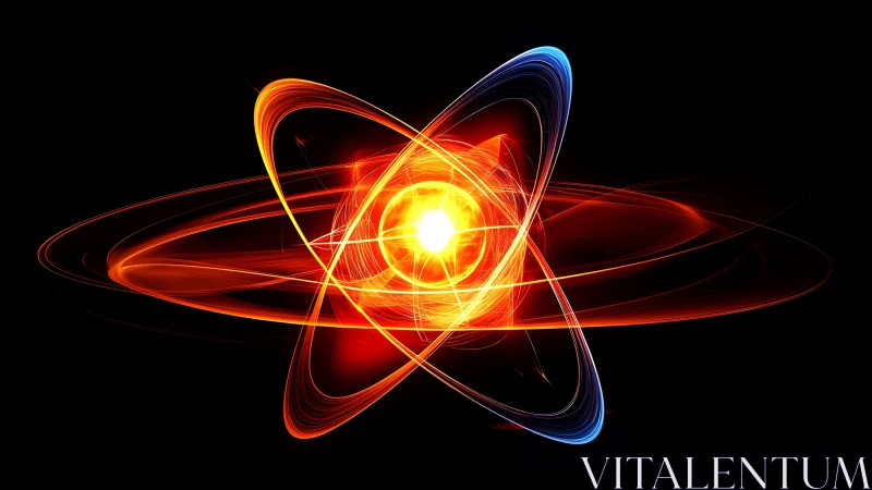 Stylized atomic structure is depicted with luminous particle orbits