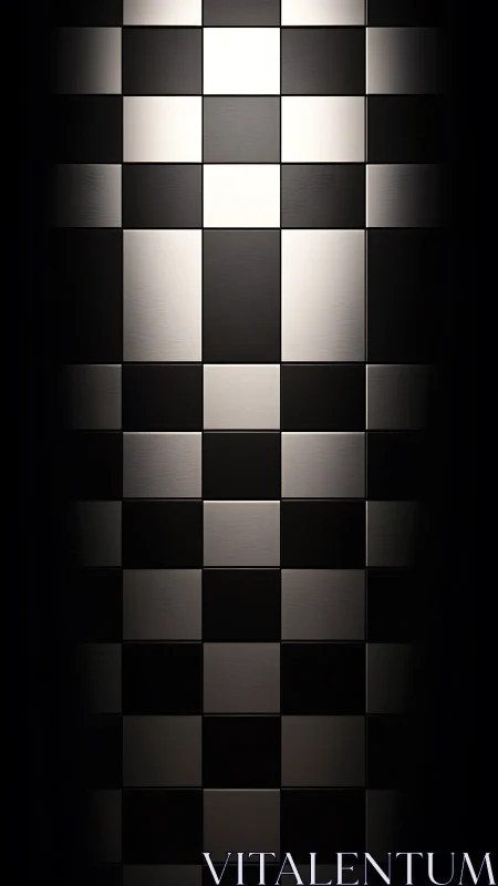 Monochrome chessboard corridor rises into soft vignetted dark